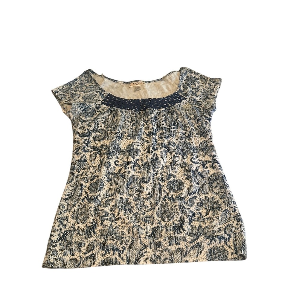 Self Esteem Womens XL Blue White Paisley Crochet Trim Cap Sleeve Knit Top Boho